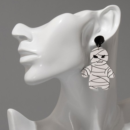 Acryl Earrings "Mummy" Gemini, Black and White Color in Silver-2