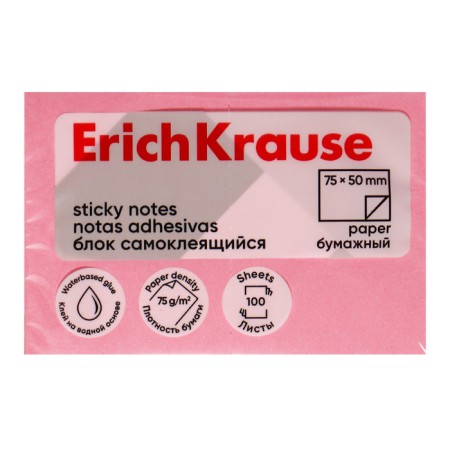 Block with a sticky edge paper 75x50 mm, Erichkrause 100 sheets, pink-1