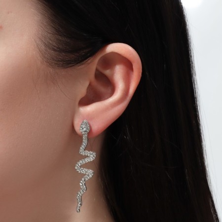 Hanging earrings with rhinestones "snake" curved, white color in silver, 5.7 cm-3