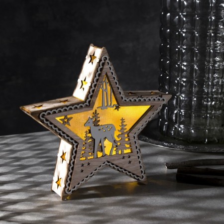 LED figure "Star with a deer" 21 × 21 × 5 cm, wood, batteries AAAX2 (not in the kit), glow warm white