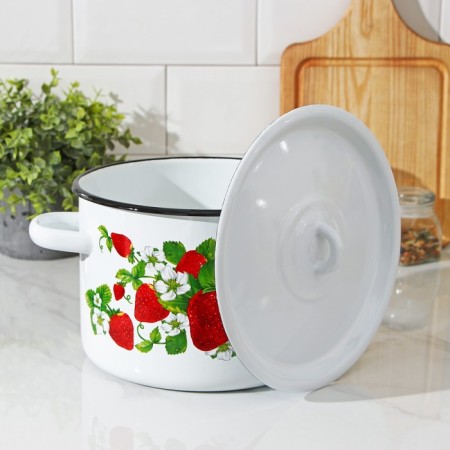Cylindrical pan “strawberry meadow”, 4.5 l, enameled cover-1