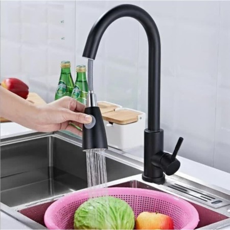 Fashun A56109-7 kitchen mixer, single-leaf, with retractable watering can, stainless steel, black-1