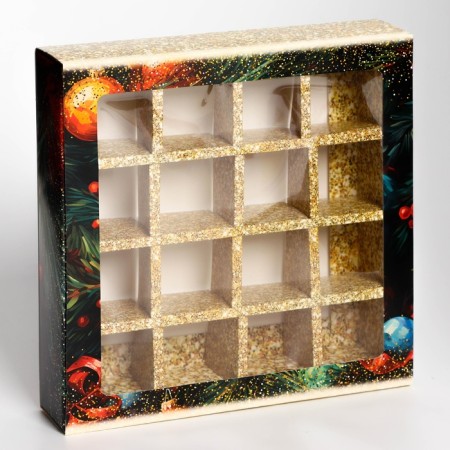 New Year. Box under 16 sweets "Happy New Year!", 17.7x17.7x3.8 cm, confectionery packaging-1