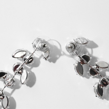 Hanging earrings with rhinestones "Blink" with leaves, white color in silver, 8 cm-1