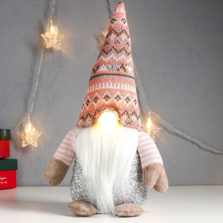 Interior light doll "Santa Claus Luminous nose, in a pink cap with patterns" 33x17x12 cm
