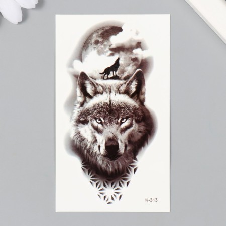 Black tattoo on the body "Wolf howls on the moon" 6x10.5 cm