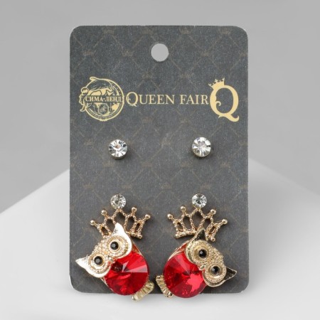 Pusets 3 pairs "owl and crown", the color is red-white in gold