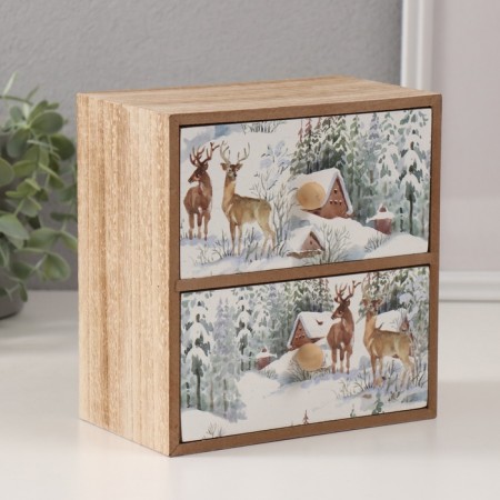 Casket wood 2 boxes "deer at the snowy house" 10.2x17.2x17.6 cm
