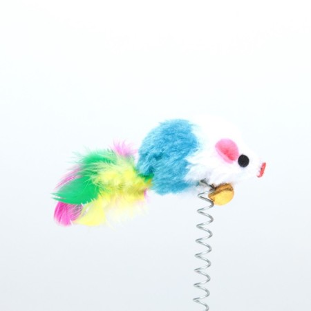 Domestic "mouse on the suction cup", artificial fur with colored feathers, 24 cm, blue/white mouse-1