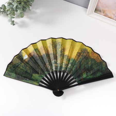 Fan plastic, textile h = 26.5 cm "Green Garden on the Yellow Background"