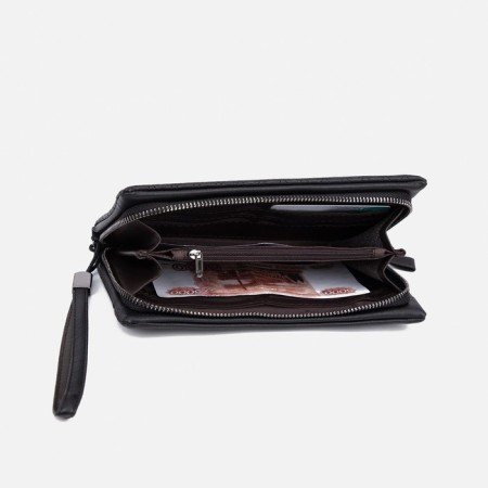 Male purse with zipper, department for bills, for maps, for coins, black color-3