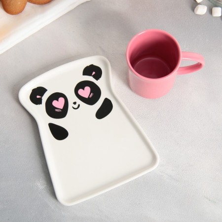 Tea couple ceramic "Panda", mug 200 ml, saucer 17.8x13.3 cm, pink color
