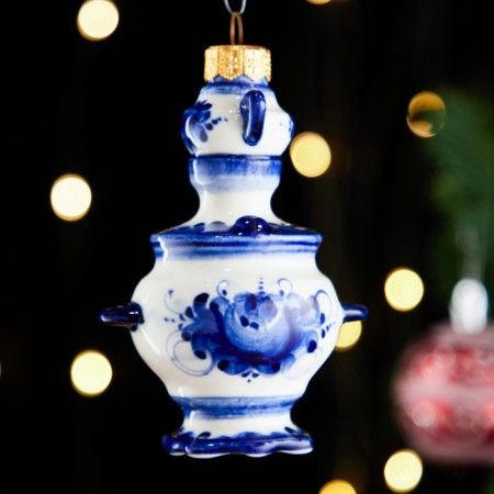 Christmas tree toy "Samovar with a kettle", Gzhel, porcelain, h = 10cm-2