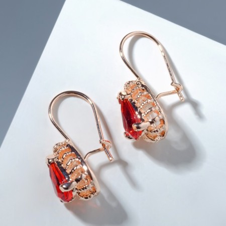 Earrings with rhinestones "Edel" drop perfection, red color in pink gold-1