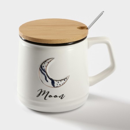 Ceramics mug lid and spoon Moon, 350 ml, white color