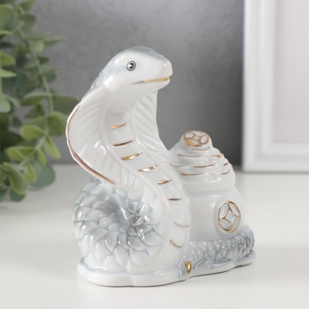 Souvenir Ceramics "Cobra with a bowl with coins" White with gold 5.8x9.5x11 cm-1