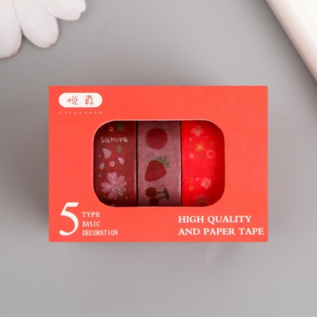 Adhesive tape paper "Summer with strawberries" Width 1 cm winding 2 m set 5 pcs-4
