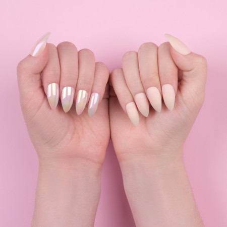 Falbled nails, 24 pcs, with adhesive plates, form of almonds, matte/holography, beige color-10