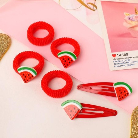 Hair Set "Fruit" 3.5 cm, 4 elastic bands, 2 clamps of watermelon red-1