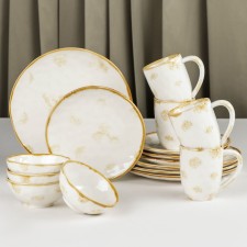 A set of porcelain dishes of the ORGANIC Gold, 16 objects: 4 plates D = 20.5 cm, 4 plates D = 27.5 cm, 4 bowls d = 12.5 cm, 400 ml, 4 mugs 400 ml, white color is white