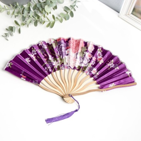 Fan bamboo, textiles h = 21 cm bend, with a brush "flowers" in a box, purple-1