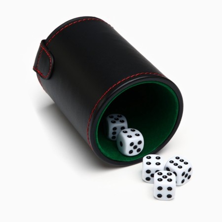 A leather glass for playing bones, 5 cubes included, 7.9 x 10.2 cm-3