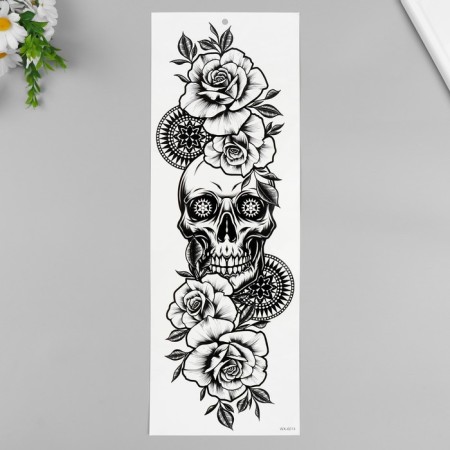 Tattoo on the body black "Skull in flowers" 48x17 cm