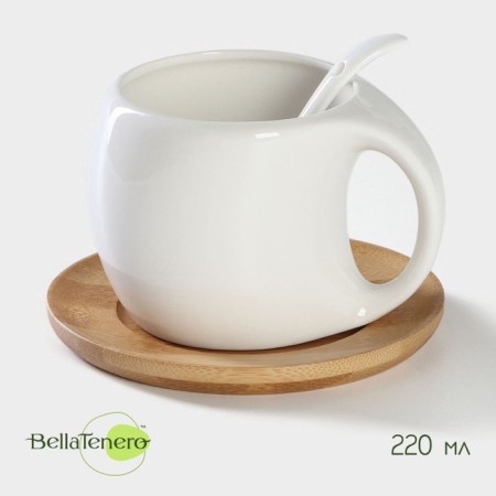 Tea couple ceramic with a spoon Bellatenero, 3 objects: a cup 220 ml, a spoon, a wooden saucer, white color