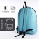 A backpack with a zipper, external pocket, blue color