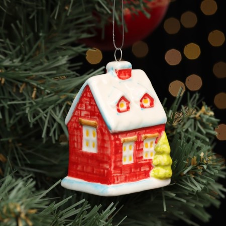 Fir -tree porcelain toy "House New Year No. 2", fastening loop, 8 cm-2