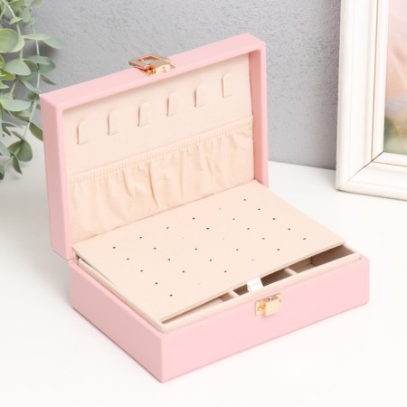 Casket to the leatherette for jewelry "Matte surface. Rectangular" Pink 16x11.5x5.5 cm-3