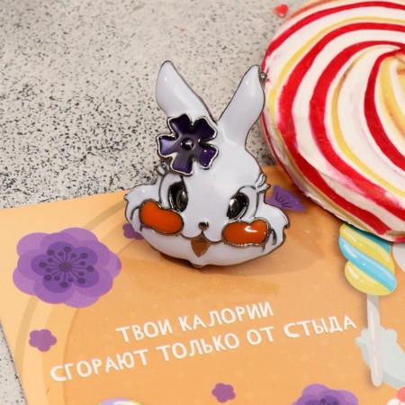 Brooch "Rabbit" Rush cheeks, white-orange color in gray metal