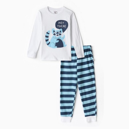 Pajamas for a boy (longshilly/pants), white/blue/raccoon color, height 128cm
