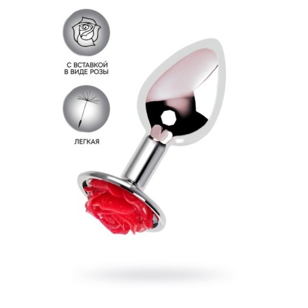 Anal plug Metal by Toyfa, metal, silver with red rose, d = 27 mm 8 cm, 48 g 104480
