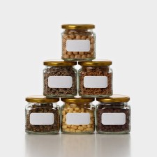 A set of glass cans with a golden lid and label, TO-82, 0.39 L, 6 pcs