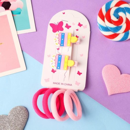 Caramel hair set (4 elastic bands, 2 clamps) ice cream, 3.5x2.5 cm, pink