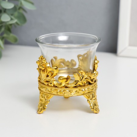 Glass candlestick, plastic on 1 candle "Heart from leaves Heart" gold 6.5x6x6 cm-2