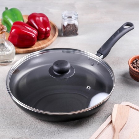 Consul pan, d = 28 cm, plastic handle, glass cover, anti -stick coating, black color-9