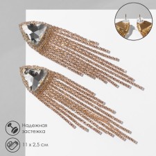 Hanging earrings with grace rhinestones large triangle, white color in gold, 11 cm