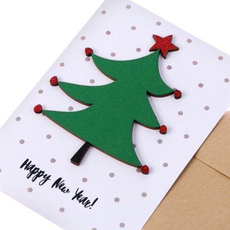 A postcard with a wooden element "Happy New Year!" Handmade, Christmas tree, 14.7x10.5 cm-1