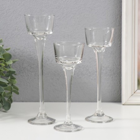 Glass candlestick Set 3 pcs "Transparency of thoughts" height 15 cm, 17.5 cm, 20 cm transparent