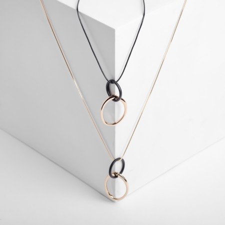 Pendant "chain" melancholy, plexus circles and ovals, black color in gold, 55 cm