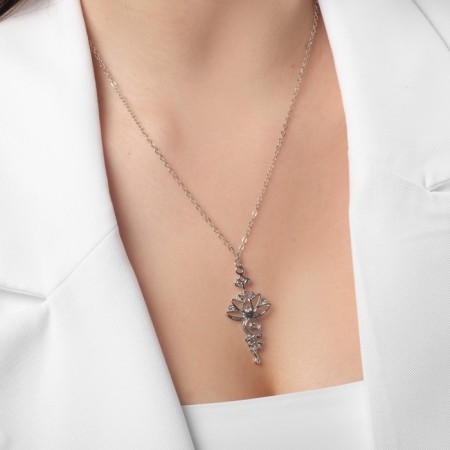 Lotus pendant with patterns, silver color, 46 cm-5