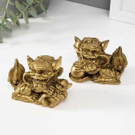 NECKE Polystone "Heavenly Lions of Buddha" bronze set 2 pcs 5.2x8.7x6.5 cm-4