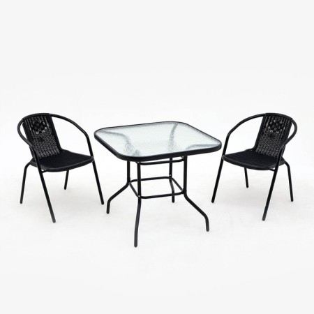 Set of garden furniture: square table and 2 black chairs