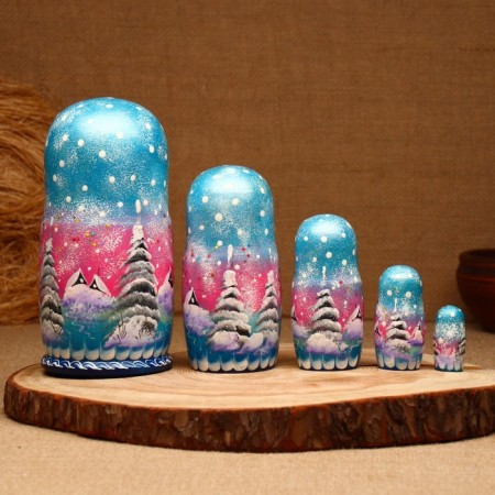 Nesting doll "Winter", Blue, 5 puppet, suite-5