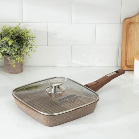 Granite Grill pan, 24 × 24 cm, removable handle, glass cover, anti-stick coating, brown color