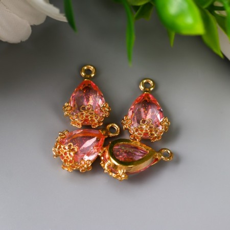 Decor for creativity plastic "drop with golden flowers" pink crystal 2x1.2 cm-2