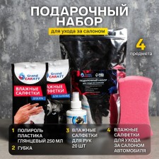 Gift for caring for the Grand Caratt salon, a set of auto chemistry: glossy plastic policies 250 ml, wet wipes for caring for a car car 20 pcs, wet hands for hand 20 pcs, car sponge 19 x 11 x 6 cm