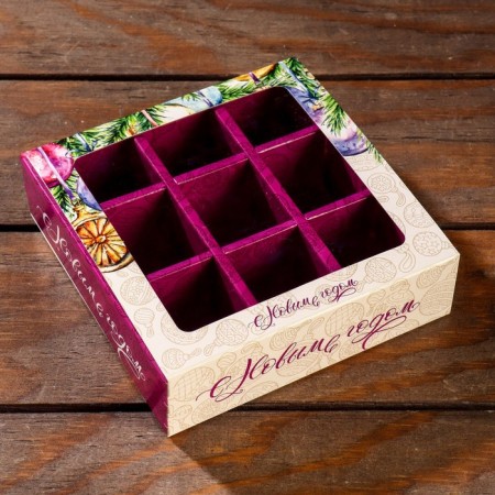 New Year. Box for 9 sweets with a shell "Christmas toys", 13.7 x 13.7 x 3.5 cm-1